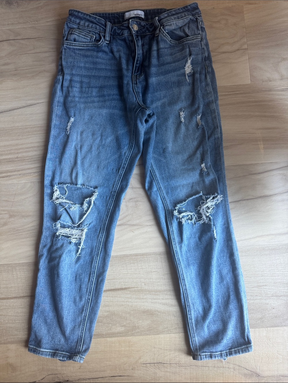 Women’s Slim Straight Distressed Jeans - Medium Blue